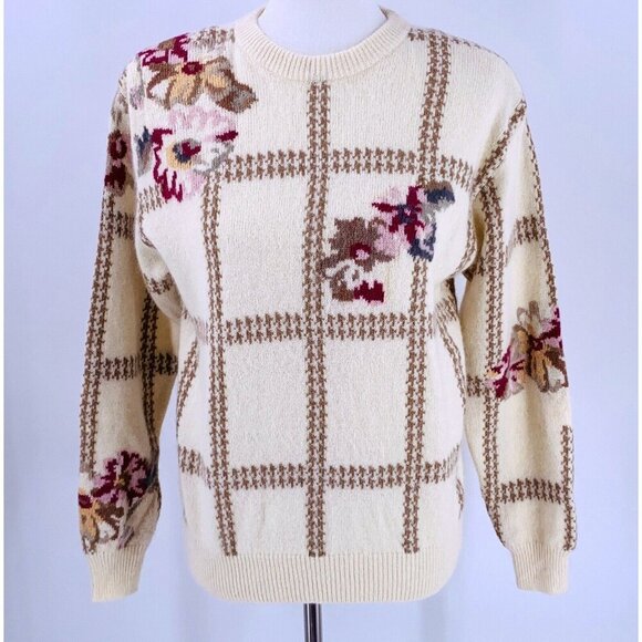 NEW/NOS Vintage 90's Ivory Floral Lambswool Angora Grandma Sweater M - Picture 3 of 6
